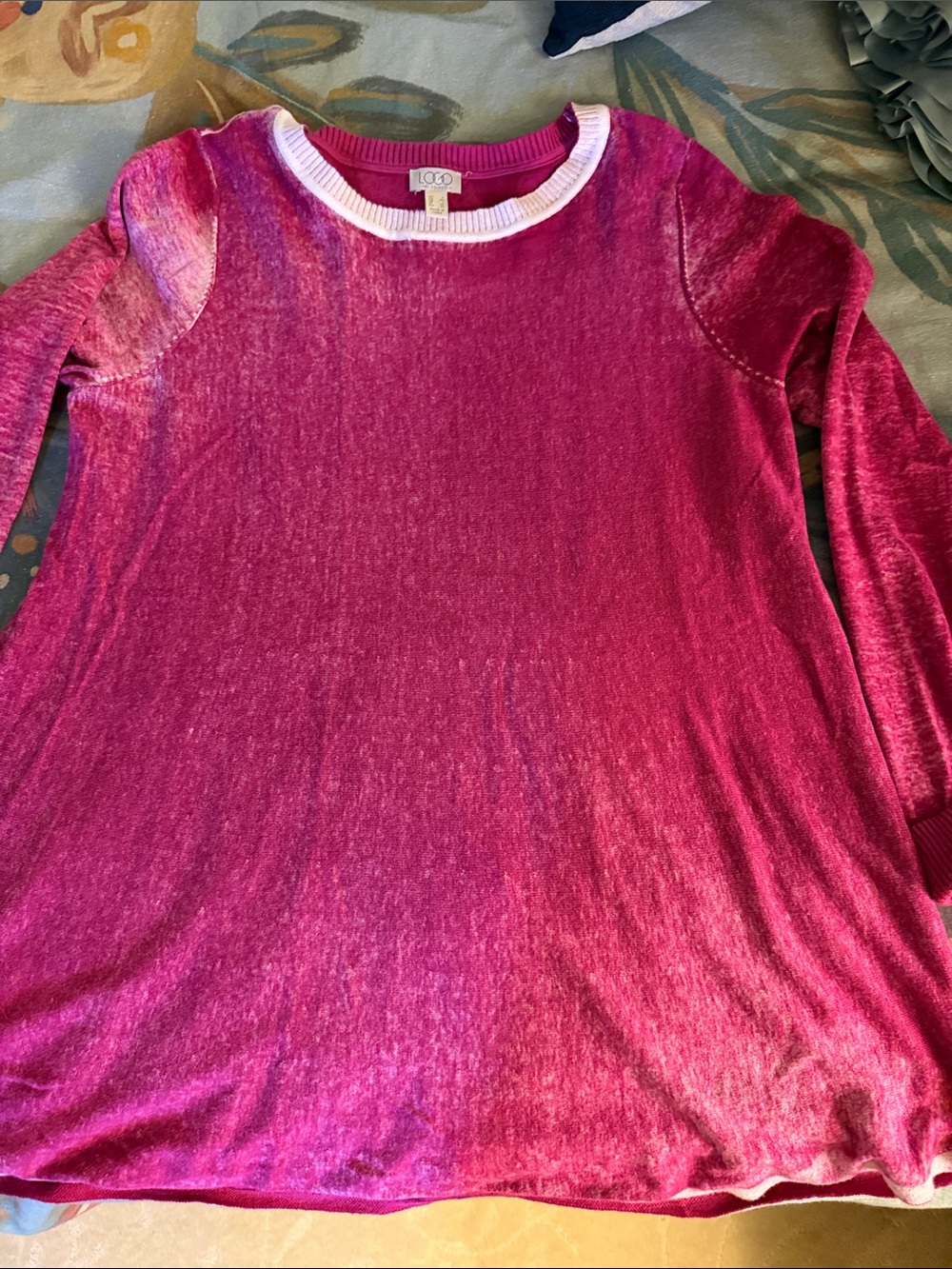 LOGO by Lori Goldstein Fuchsia Stonewashed-Look Long Sleeve Top with White Trim